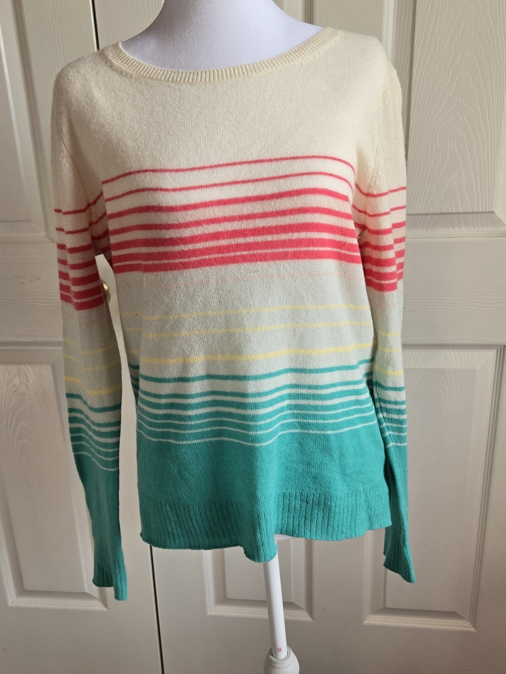 Joie Cashmere Cream Striped Crewneck Sweater with Coral and Teal